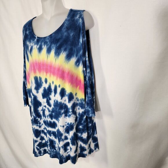 Erin London Womens Top Large Tie Dye 3/4 Sleeve Cold Shoulder Scoop Neck Blue - Picture 5 of 9
